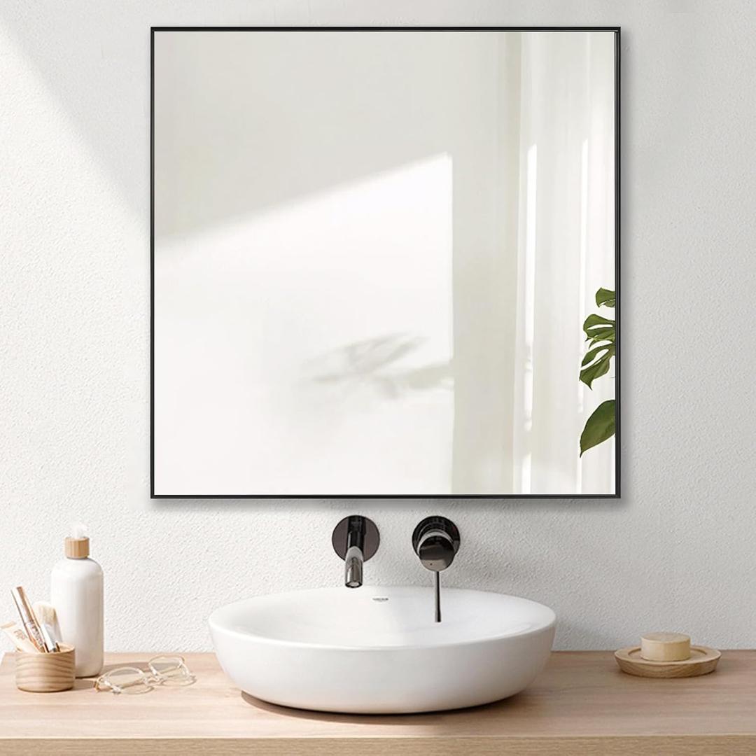 LEDLUX 24x24 Inch Black Bathroom Mirror, Copper-Free Mirror, Aluminum Alloy Frame Vanity, Rectangle Wall Mounted Modern Mirror for Bedroom/Living Room/Porch Horizontal or Vertical