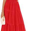 ZESICA Womens Summer Casual Flowy Vacation Maxi Dress 2026 Short Puff Sleeve A Line Smocked Cutout Beach Party Dresses (Red, S)