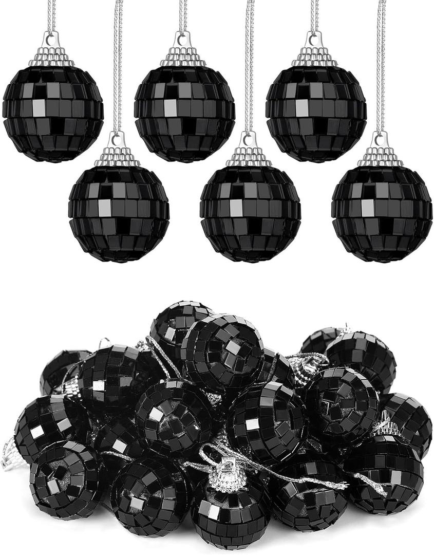 BBTO 24 Pieces Mini Christmas Disco Balls 70s Party Decor Christmas Tree Decoration Hanging Reflective Mirror Disco Ball Decoration for Birthday Party Decor(1.18 Inch,Black)