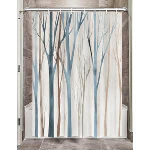 Blue Brown Birch Tree Camper RV Shower Curtain for Travel Trailer Bathroom, Farmhouse Camping Small Narrow Shorter Fabric Shower Curtains Set, Happy Camp Outdoor Decor Accessories with Hooks 47x64
