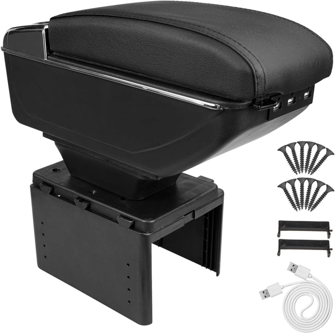 Center Console Armrest Storage Box with Double Layer Organizer, Black PU Leather Armrest Cover with USB Charging Ports for Car Truck SUV