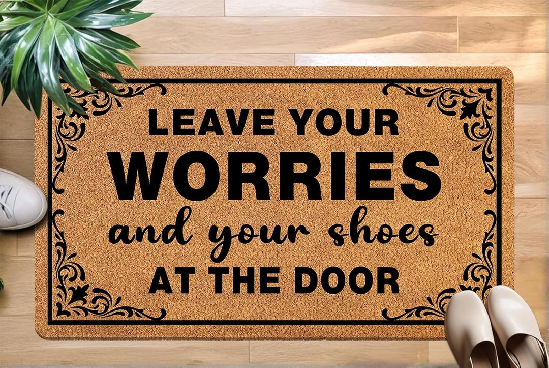Leave Your Shoes and Worries 30"x17" Large Funny Welcome Mat for Indoor/Outdoor Entrance, Stylish Door Mat with Non-Slip Rubber Backing, Perfect for Front Door 'Please Take Off Your Shoes' Door Mat