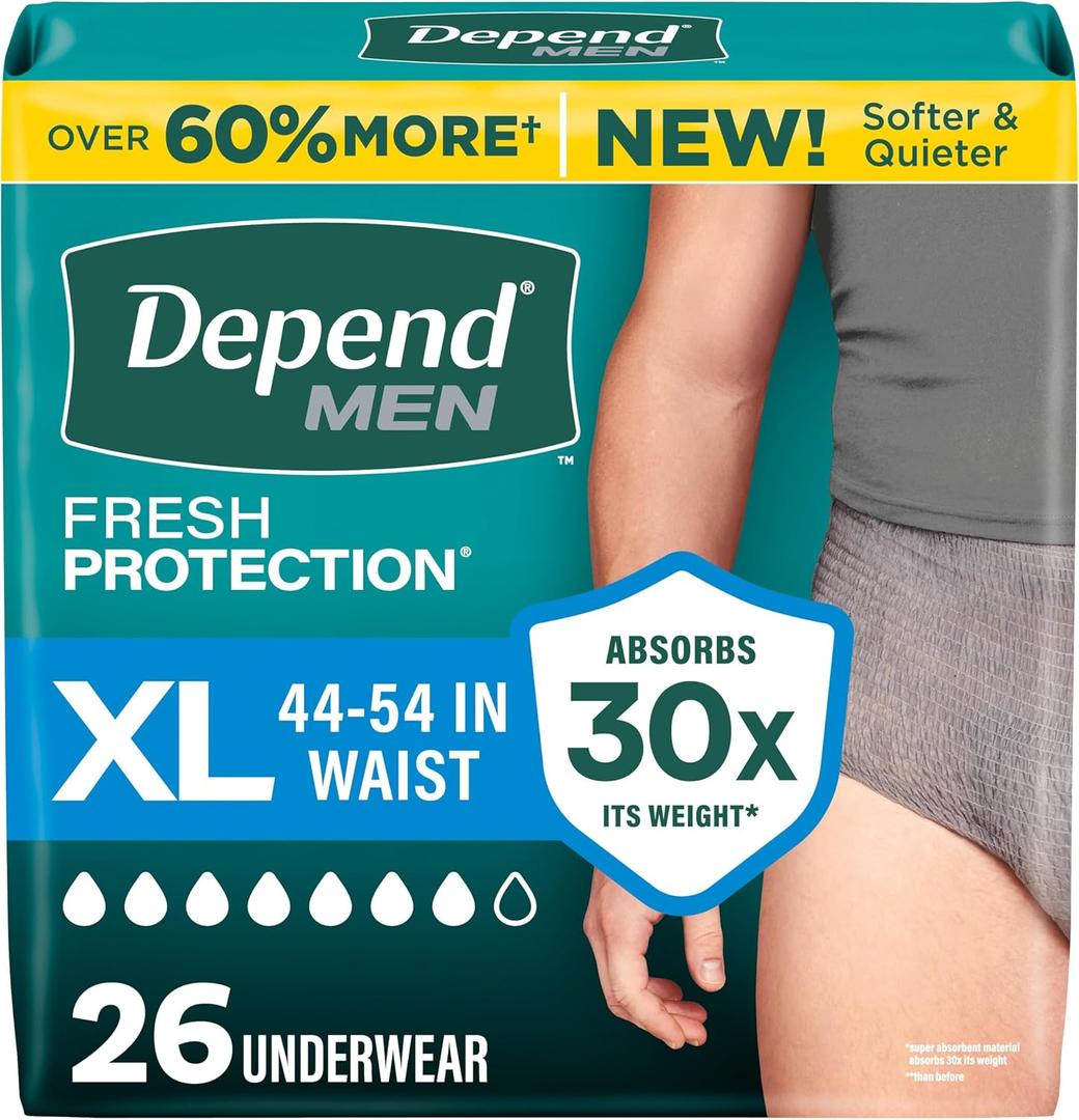 Depend Fresh Protection Adult Diapers, Incontinence Underwear for Men, Disposable, Maximum, Extra-Large, Grey, 26 Count