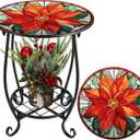 Outdoor Side Table Round Small Mosaic Patio Accent Indoor End Plant Metal Coffee Tea Table for Yard Porch Garden Patio Living Room, Bedroom(Poinsettia,14 Inch)