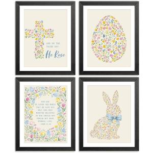 AEHIE Spring Floral Cross Easter Christian Wall Art Poster Prints for Home Living Room Bedroom Decor, He is Risen, Easter Egg Rabbit Bunny Floral Decorations Prints Wall Art Unframed 4pcs 8x10in, Spring Sale