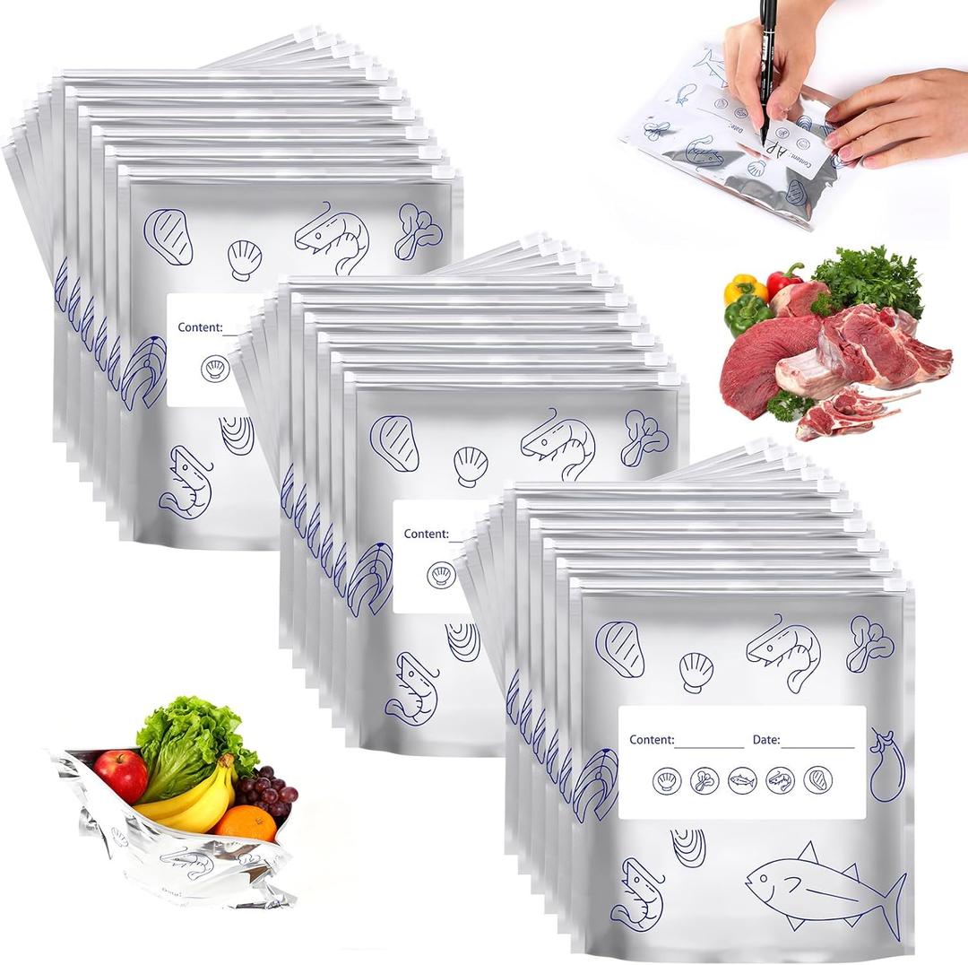 Reusable Aluminum Foil Sealable Storage Bags, Resealable Vacuum Zipper Pouches for Food, Stand Up Foil Sealable Bags with Label and Zip Lock for Vegetable Fruit Meat (30PCS, Medium)