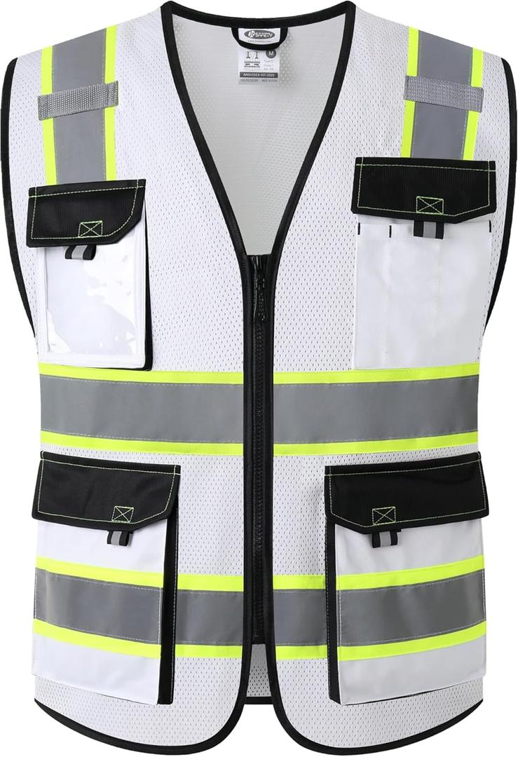 JKSafety Hi Vis Reflective Safety Vests for Men Women High Visibility Vest with Pockets Mesh Fabric Construction Safety Apparel Neon Vest for Work (220-White L)