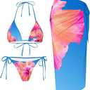 ZAFUL Women's 3 Piece Swimsuit Floral Halter Triangle String Bikini Tie Side Bottom with Boho Cover Up Skirt, Blue, S