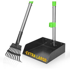 TOOGE Larger Pooper Scooper for Large Dogs, Dog Pooper Scooper for Large Medium Small Dogs Long Handle Stainless Metal Tray and Rake Set Heavy Duty