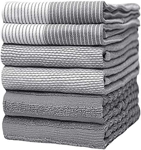 Premium Kitchen Towels (20”x 28”, 4 Pack) | Large Cotton Dish Towels | Flat & Terry Highly Absorbent Kitchen Linen Set with Hanging Loop | Gray