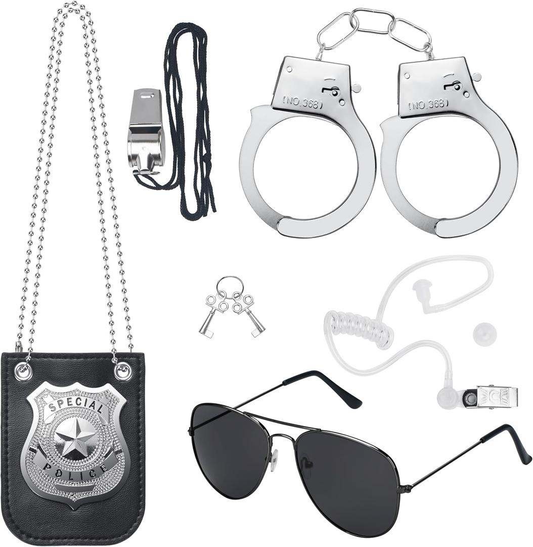 6PCS Police Pretend Play Toys Set, Kids Cop Costume Police Officer Costume for Boys Girls with FBI Badge, Toy Handcuffs, Secret Spy Earpiece, Detective Role Play Halloween Dress up Accessories