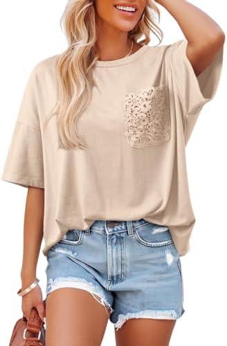 Dokotoo Womens Tops Cute Lace Summer Short Sleeve 2026 Oversized Casual T Shirts Lace Pockets, L