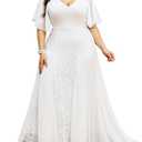 TIARALY Plus Size Formal Lace Dress Maxi V Neck A-line Chiffon Wedding Guest Prom Evening Gown Gala Elegant, White, 3XL