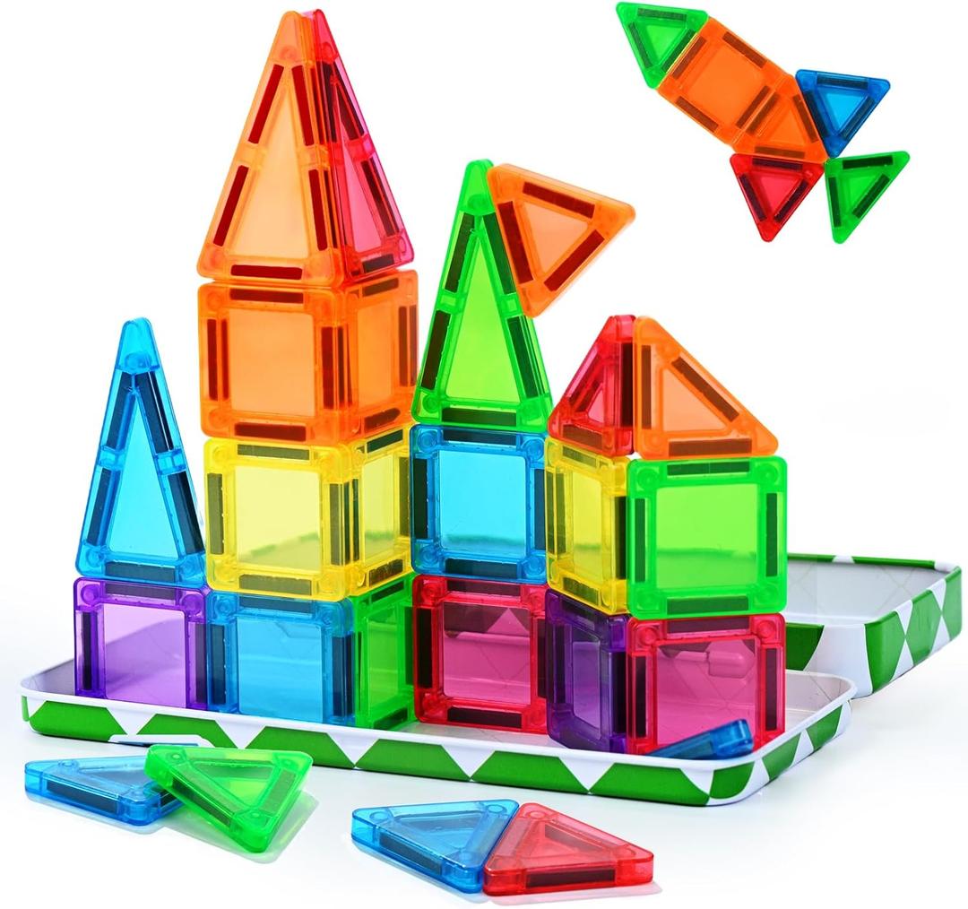 MAGBLOCK 30PCS Mini Magnetic Tiles with Portable Iron Box, Travel Size Toys Magnetic Building Blocks Set for Kids Ages 3+, STEM Sensory Montessori Toys for Road Trip Essentials Airplane Car Activities