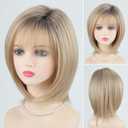 RENERSHOW Layered Blonde Bob Wig with Bangs Short Hair Wigs for White Women Natural Ombre Blond Straight Heat Synthetic 12 Inch Medium Length Bobo Adjustable Average Cap Daily to Party Tangle-Free