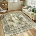 BESTSWEETIE 5x7 Area Rugs Machine Washable No Pile Non Slip Vintage Rugs for Living Room&Bedroom&Dinning Room Bohemian Distressed Carpet Indoor,Green/Teal/Multi