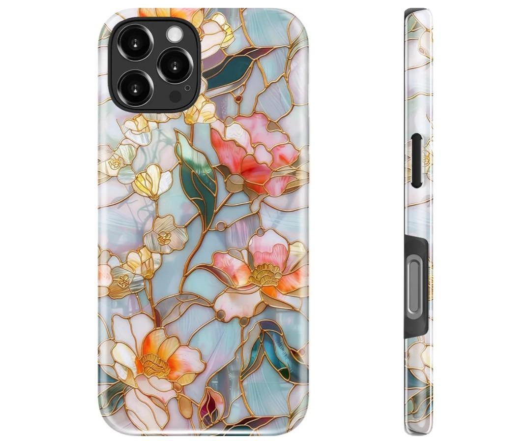 Compatible with iPhone 16 Pro Max Case,Flowers Stained Glass Gold Full Pattern Plastic Soft TPU, Double Protection Corner Case for iPhone 16 Pro Max