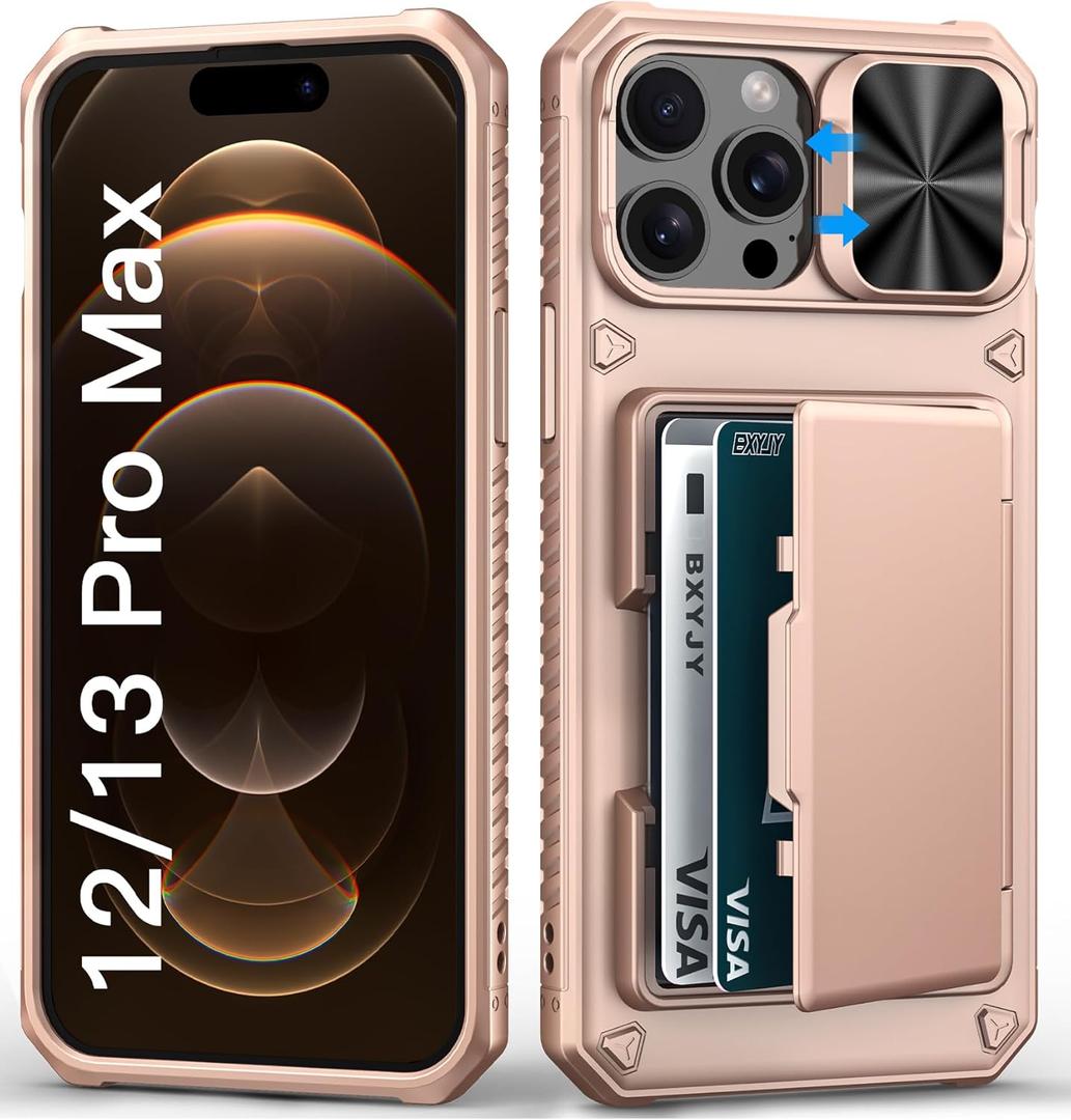 for iPhone 12 Pro Max & 13 Pro Max Case Wallet with Card Holder (4-5 Cards), Military Grade Drop, Slide Camera Cover, Shockproof Heavy Duty Men Women Phone Case for iPhone 12 Pro Max, Rose Gold