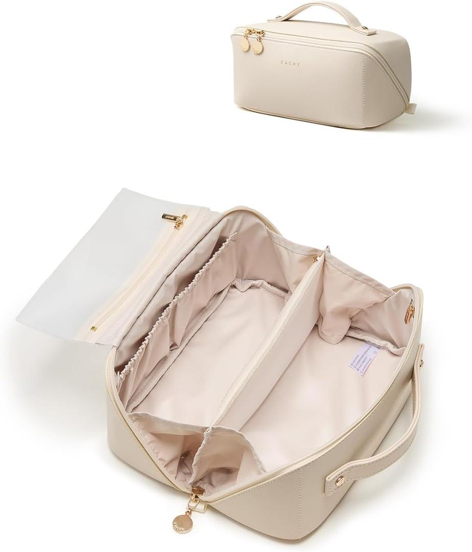 EACHY Travel Makeup Bag, Large Capacity Cosmetic Bag for Women, Waterproof PU Leather, Flat Open Portable Toiletry Bag for Skincare, Brushes & Travel Essentials (Medium)