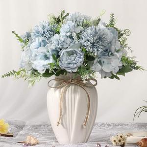 Peonies Artificial Flowers in Vase, Fake Hydrangea Silk Peony Flower Bouquet with Vase Faux Flowers Arrangement Decor Home Table Dining Room (Blue)