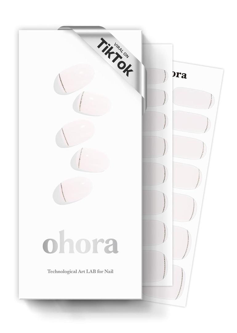 ohora Semi Cured Gel Nail Strips (N Gold Lining) - White, Metallic, Works with Any UV/LED Lamps, Salon-Quality, Long Lasting, Easy to Apply & Remove - Includes 2 Prep Pads, Nail File & Wooden Stick