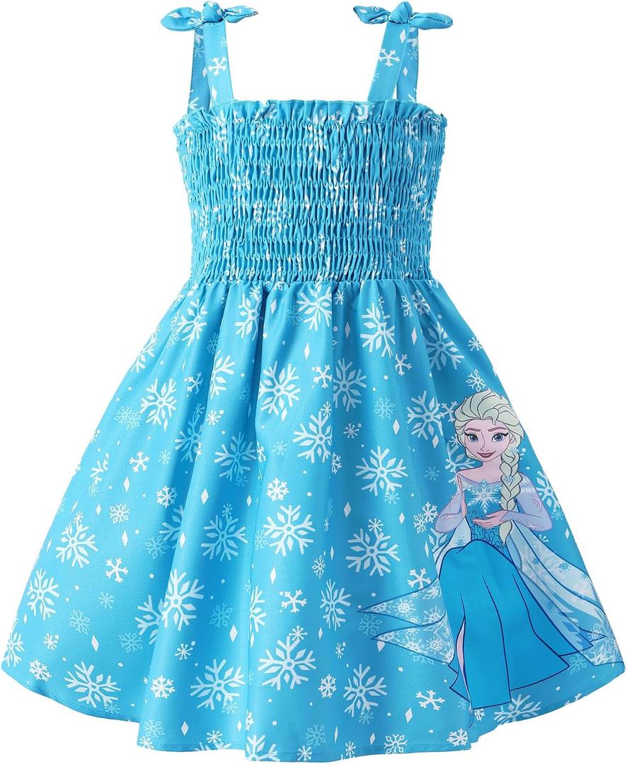 Disney Princess Frozen Elsa Minnie Stitch Toddler Girl Dress Bow Tie Straps Smocked Summer Outfit Birthday Party Clothes 2-9Y