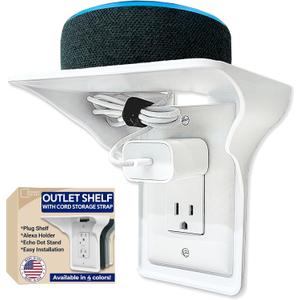 Storage Theory Power Perch Outlet Shelf with Cord Storage Strap  Bathroom Shelving for Alexa Echo Dot, Electric Toothbrush  Holds Smart Speaker, Cell Phone  Easy Installation (1-Pack, White)