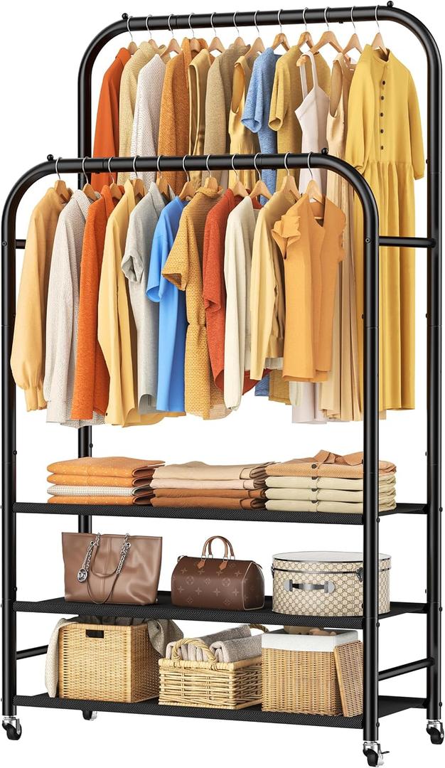 HOMIDEC Double Rods Clothes Rack Clothing Rack with 3 Tier Storage Shelves Clothes Rack for Hanging Clothes Multifunctional Clothes Organizer Bedroom,Wardrobe Closet,Shop,Black