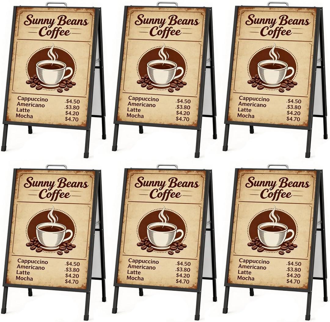 Youlina 6 Pcs 23.6x36 Heavy Duty A-Frame Sandwich Board, Double-Sided Folding Sidewalk Sign with Carry Handles, Black Steel Portable Outdoor Advertising Sign Holder Frame Only