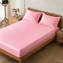 VACVELT 3-Piece Satin Fitted Sheet Set Queen Size, Pink Bottom Bed Sheet with 2 Pillowcases, Similar to Silk Sheets, Luxury & Silky Bedding Set, 15 Inch Deep Pocket