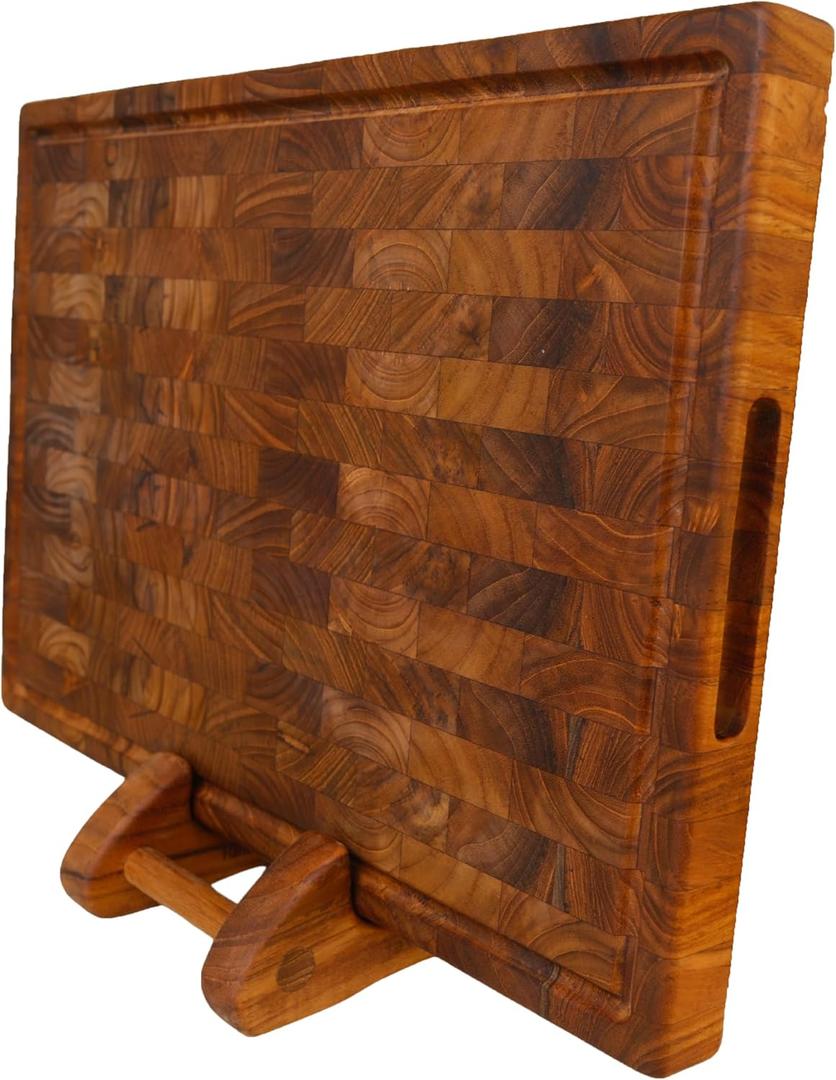 Teak End Grain Cutting Board for Kitchen Large 1812" Handmade Wood Butcher Block with Juice Groove & Handles Knife-Friendly, Reversible, Non-Toxic Wooden Chopping Board, Indonesia