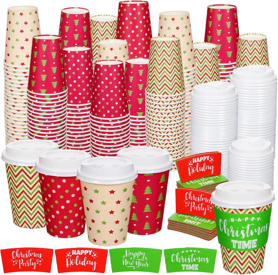 Zhehao 160 Sets/ 480 Pcs Disposable Coffee Cups Christmas Paper Cups with Lids and Sleeves for Cold Drink Tea Hot Cocoa Chocolate Holiday Xmas Party Supplies, 4 Designs (Pretty Style, 16 oz)