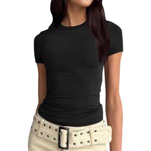 AUTOMET Womens 2 Piece Short Sleeve Shirts Basic Going Out Slim Fitted Crop Tops 2025 Summer Y2k Clothes (Large, Black,white)