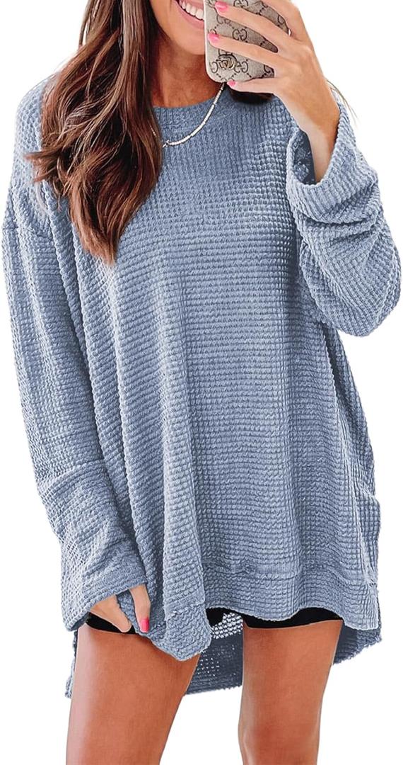 SHEWIN Long Sleeve Shirts For Women Oversized Sweatshirt Crewneck Waffle Knit Fall Tops for Women 2025 (XX-Large, 9 Sky Blue)