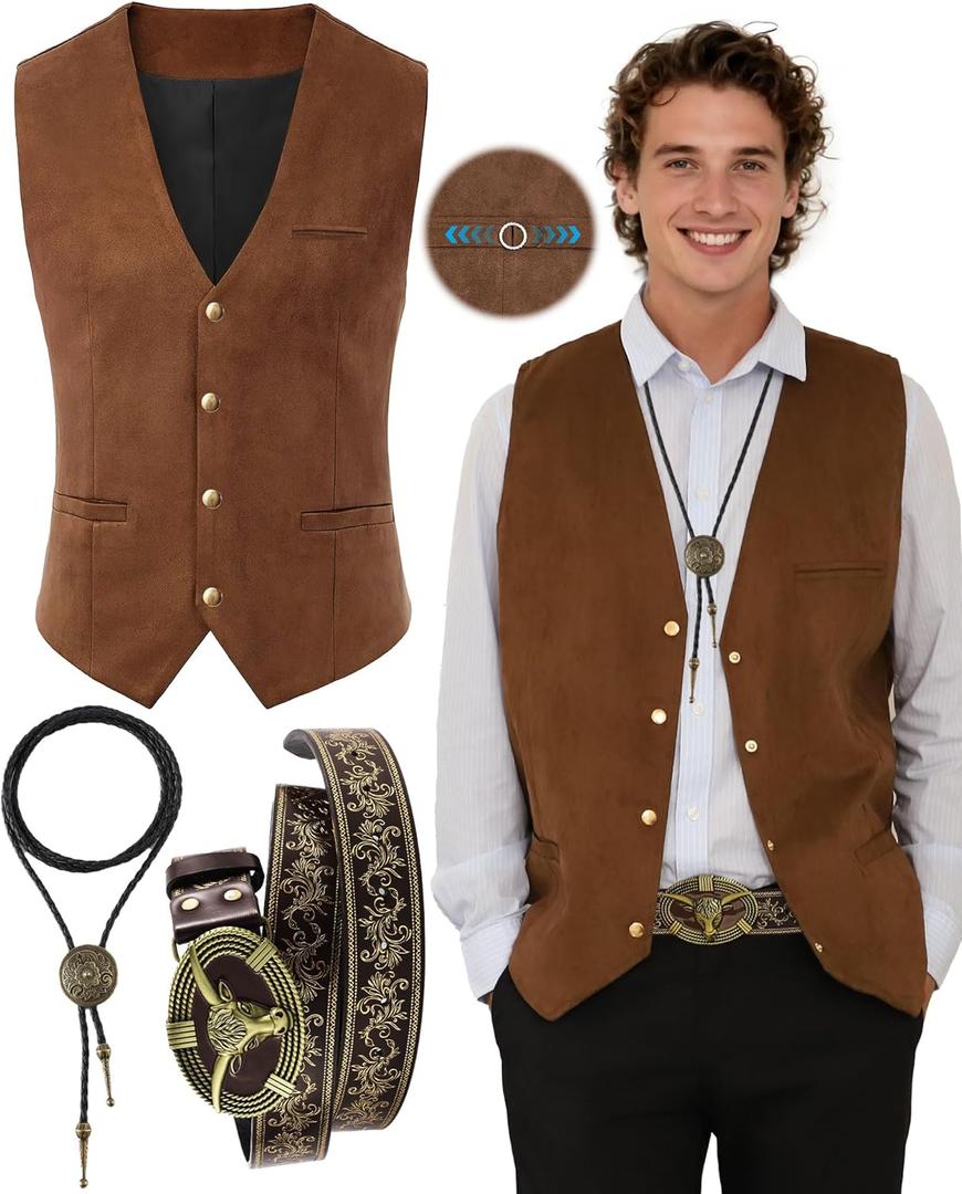 Cowboy Outfit for Men, Western Cowboy Costume Vest for Men, Cowboy Vest with Western Belt Necktie for Halloween (Large, Brown)