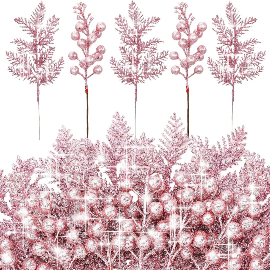 Cindeer 40 Pieces Christmas Tree Decorations Include 20 Glitter Berries Stems and 20 Xmas Tree Pick Leaves Fake Christmas Picks Artificial Pine Needles Glitter Sticks for DIY Wreath (Pink)