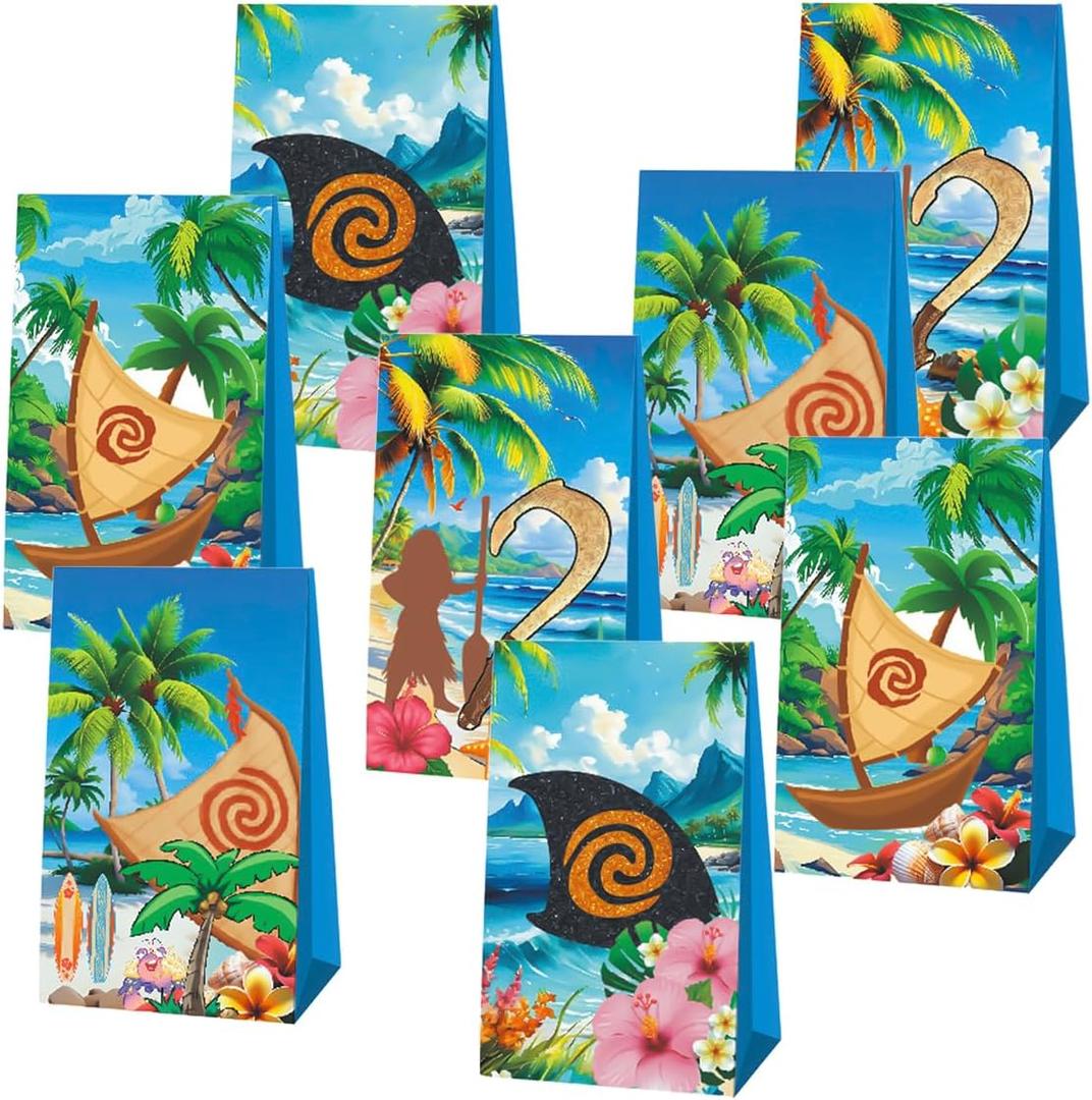 12pcs Cartoon Ocean Girl Party Favor Bags Candy Boxes, Moa Hawaiian Gift Bags Birthday Party Supplies