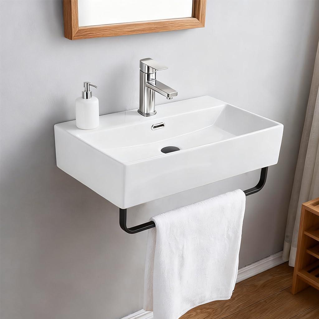 24"x14" Floating Bathroom Sink with Towel Rack, Wall Mount Rectangular Vessel Sink with Overflow, Modern Ceramic Vanity Sinks for Restroom, Rv