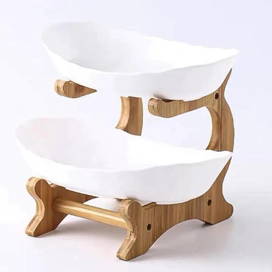Fruit Bowl for Kitchen Counter - 2 Tier Ceramic Serving Bowls with Bamboo Stand, Tiered Fruit Basket for Fruit Vegetable Storage, Snack, Nuts, Cake, Dessert, Small & Cute (White)