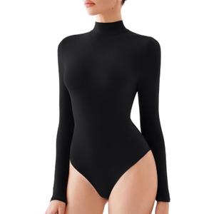 REORIA Women's Turtle Neck Long Sleeve Bodysuit Basic Slim Fit Double Lined Lightweight Layering Top for Fall & Winter (Black) XS