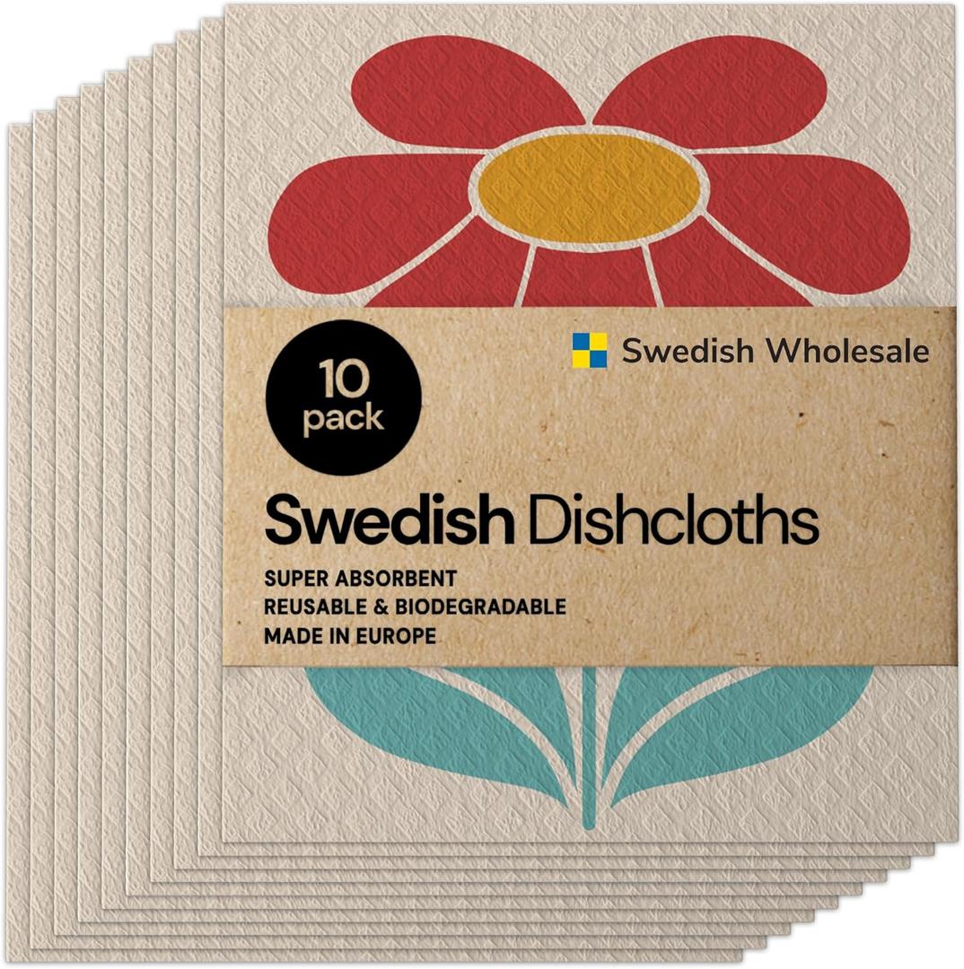 Swedish Wholesale Swedish DishCloths for Kitchen- 10 Pack Reusable Paper Towels Washable - Eco Friendly Cellulose Sponge Microfiber Dish Cloths - Kitchen Essentials - Red Flower