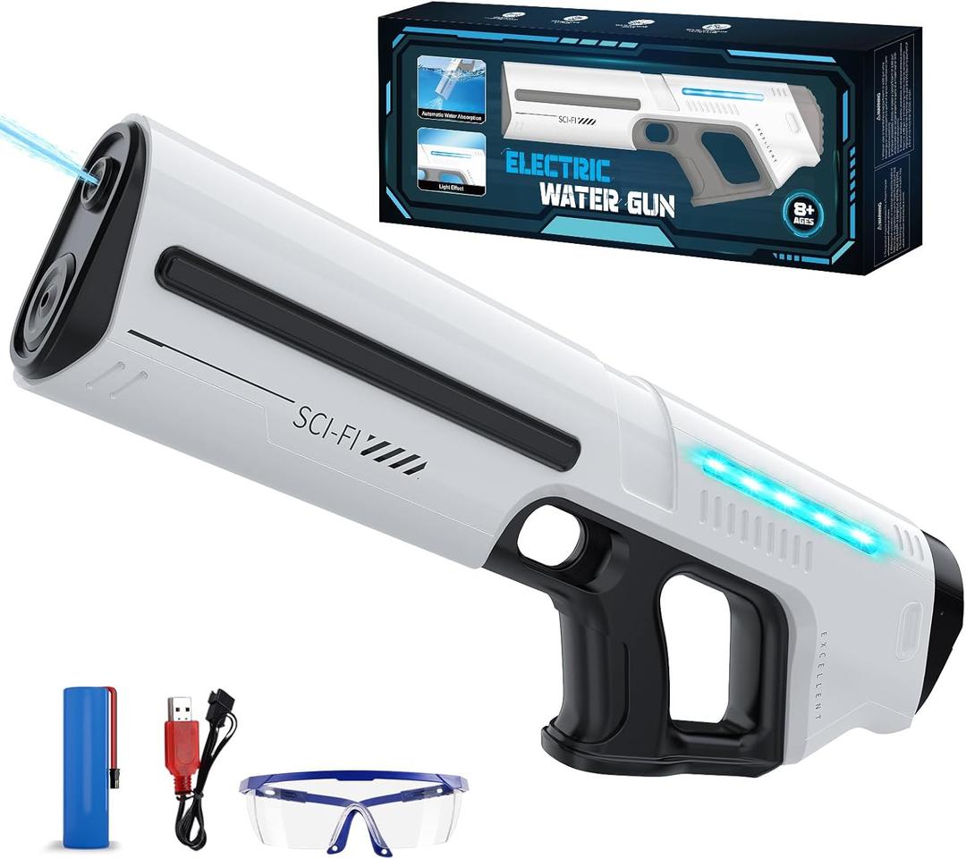 Skirfy Electric Water Gun for Kids Adults,Battery-Powered Squirt Toy with Tank,30ft Range,LED Light,Automatic Water Absorption,Summer Outdoor Beach Play,Pool Garden Fun for Kids Age 8 9 10 (White Black)