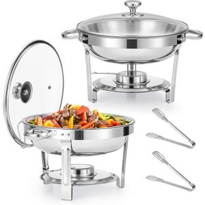 WILPREP Chafing Dish Buffet Set, 2 Pack 5 qt Round Chafers for Catering with Glass Lid & Lid Holder Water Food Pan Fuel Holder, Stainless Steel Food Warmers for Parties Buffets Banquets Dinners