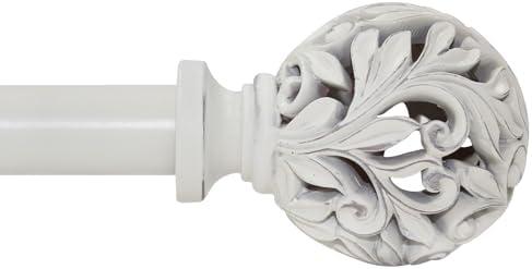 Heavy Duty Curtain Rod 36 to 120 Inches (3-10 ft)，1-Inch Diameter Adjustable Drapery Rod with Decorative Carved Leaf Finials, Weathered White Curtain Rods for Living Room & Bedroom