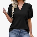 OFEEFAN Women's Pleated Puff Sleeve Tops Summer V Neck Tunic Shirts Loose Curved Hem Blouses Dressy Casual S