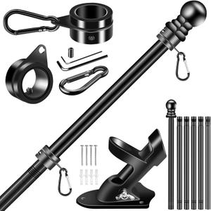 BONWIN Black Flag Pole Kit for Outside House, 7 FT Thickened Stainless Steel Wall Mount Flagpole for 3x5'/4x6' Flag, 1" Anti-Wrap Spinning Flag Ring Clips & 2-Position Bracket Holder for Porch Yard