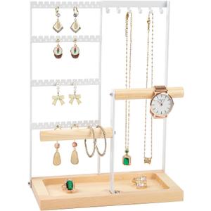 Jewelry Organizer Stand, Jewelry Holder, Lengnoy 4 Tier Earring Holder with 48 Holes and 6 Hooks Necklace Organizer Wood Box for Necklace Bracelet Earring Ring, White (11 IN)