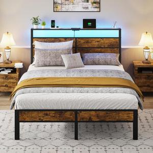 Queen Size Bed Frame, Queen Bed with Charging Station Headboard and LED Lights, Platform Bed with Metal Slats, No Box Spring Needed