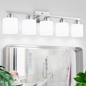5 Light Bathroom Light Fixtures Brushed Nickel, Bathroom Vanity Light with Milky White Frosted Glass Shade, Vanity Lights for Mirror Bedroom Living Room E26 Base