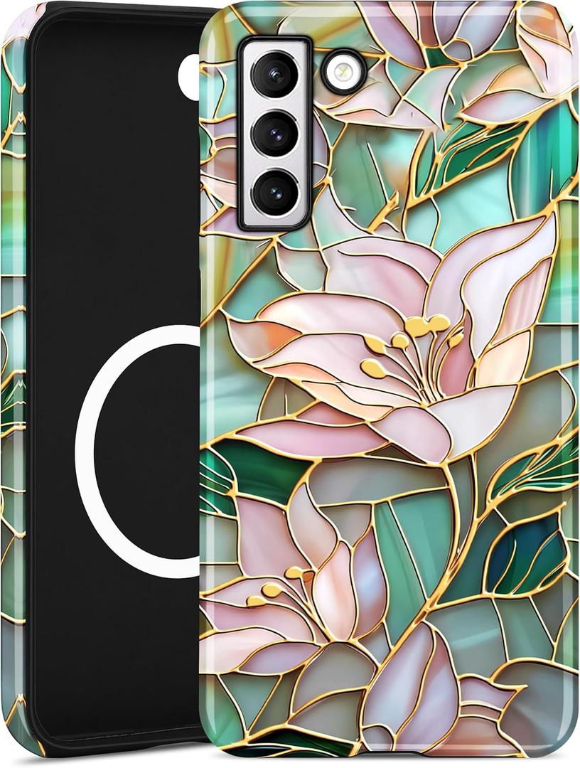 Compatible with MagSafe Case for Samsung Galaxy S21, Cute Aesthetic Stained Glass Lily Flower Magnetic Design Phone Case, Soft TPU and Hard PC Protective Phone Cover for Women Girls